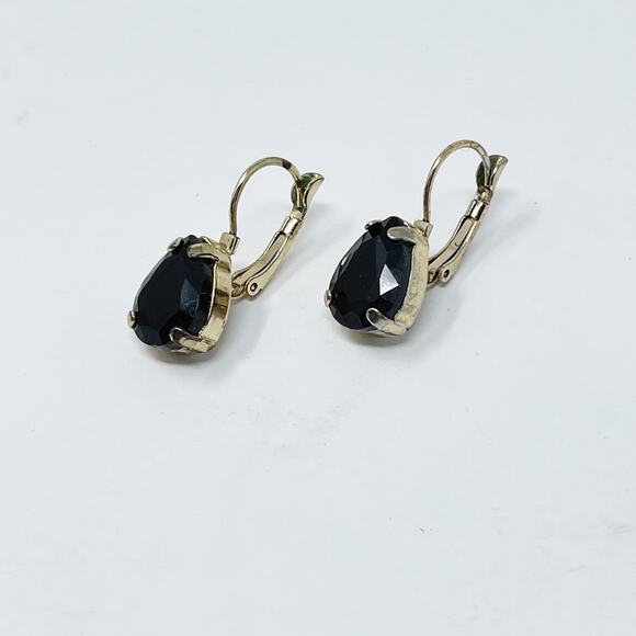 Black Teardrop Gemstone Earrings Gold Tone Fashion Statement - Picture 2 of 5